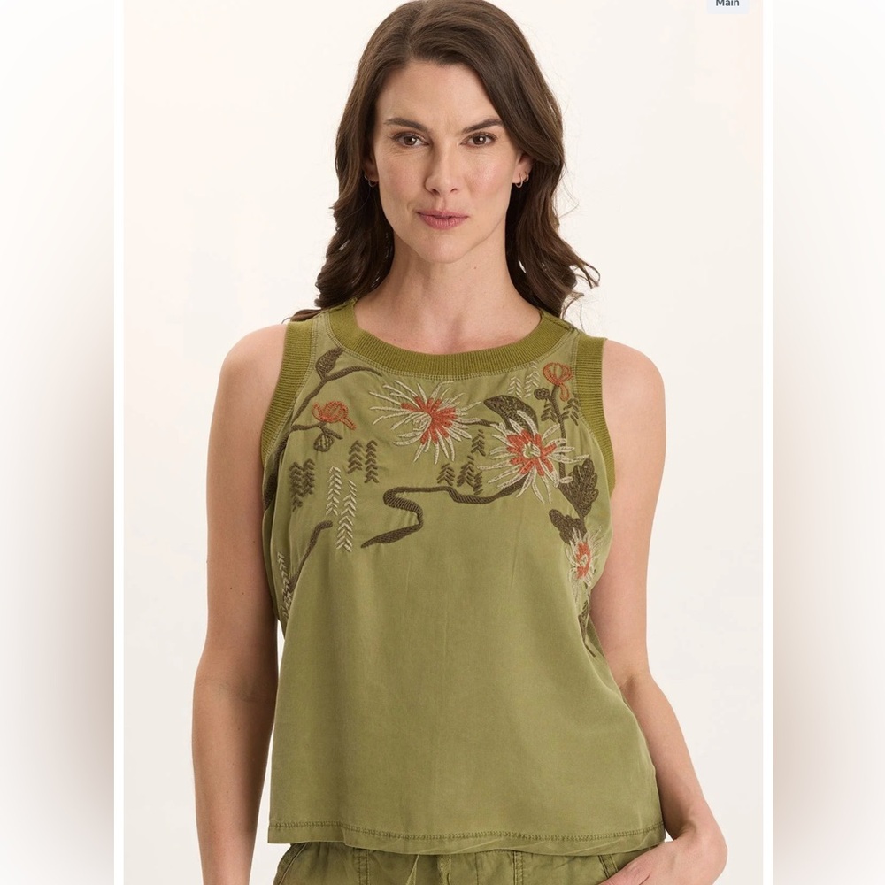 XCVI KATRINE SOFT TWILL EMBROIDERED ARTISAN TANK  In Thicket Pigment